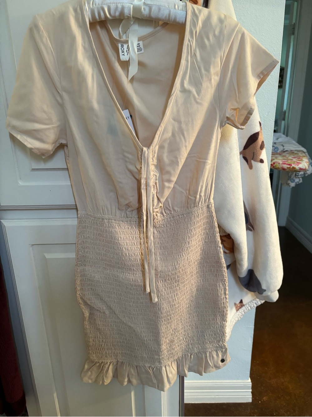 Roxy Cream V‑Neck Smocked Dress